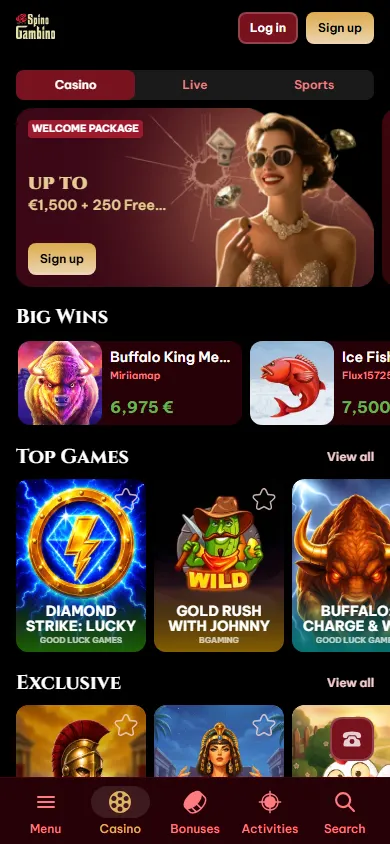 Spinogambino Casino mobile home interface on a smartphone