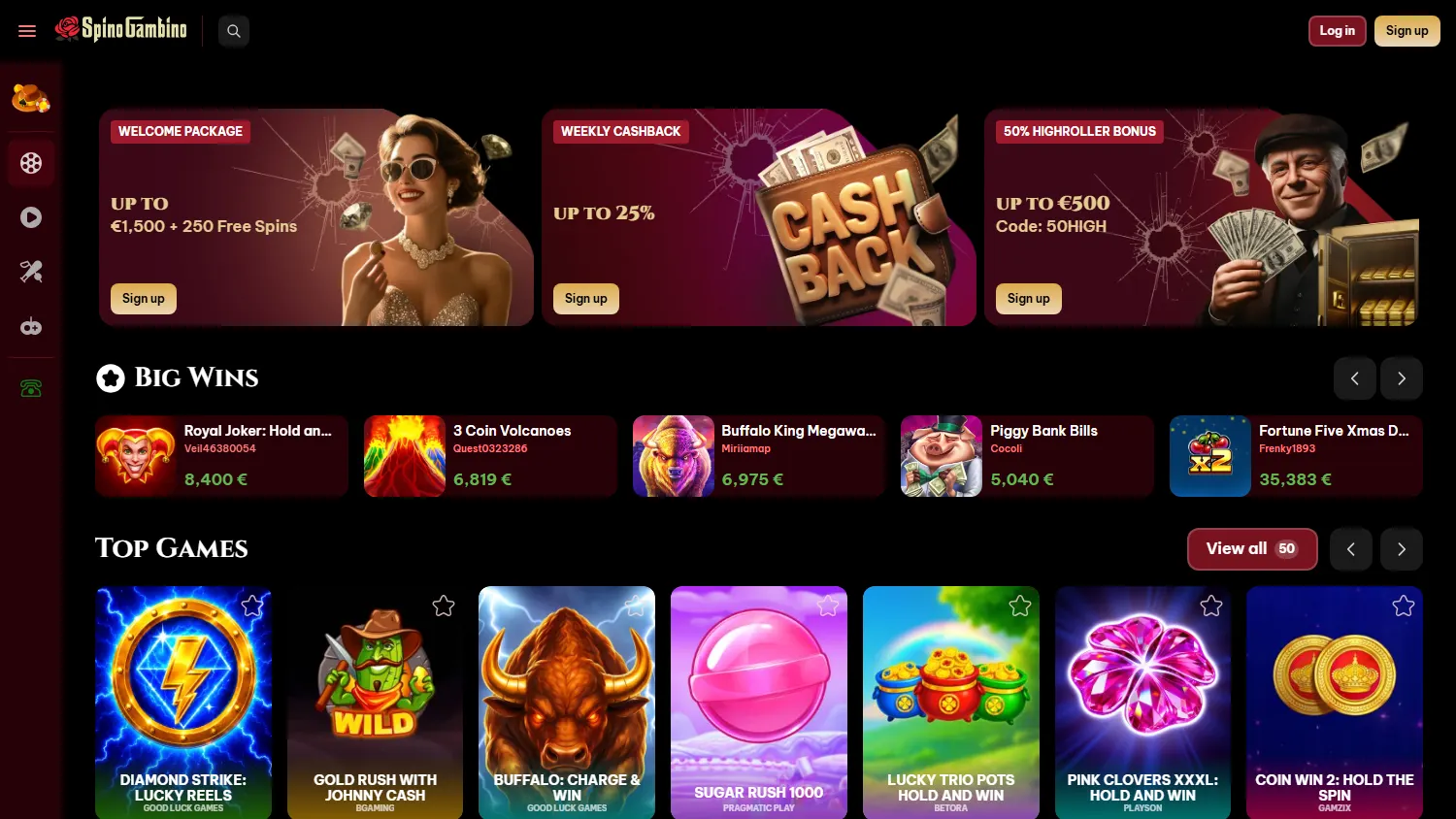 Spinogambino Casino desktop home interface for Australian players