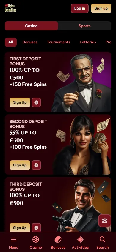 Spinogambino Casino mobile promotions and free spins offers